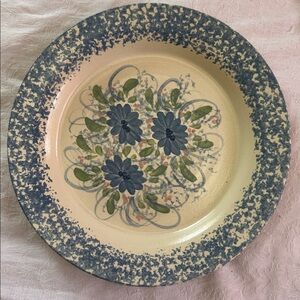 Plate Blue Spongeware Large Pottery Floral Pattern Deep Dish Large